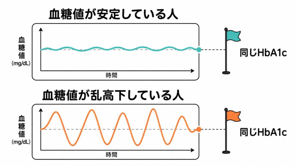 血糖値が安定している場合と乱高下している場合の折れ線グラフ比較