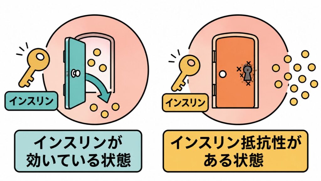 インスリンを鍵に例えたインスリン抵抗性の仕組みの図解