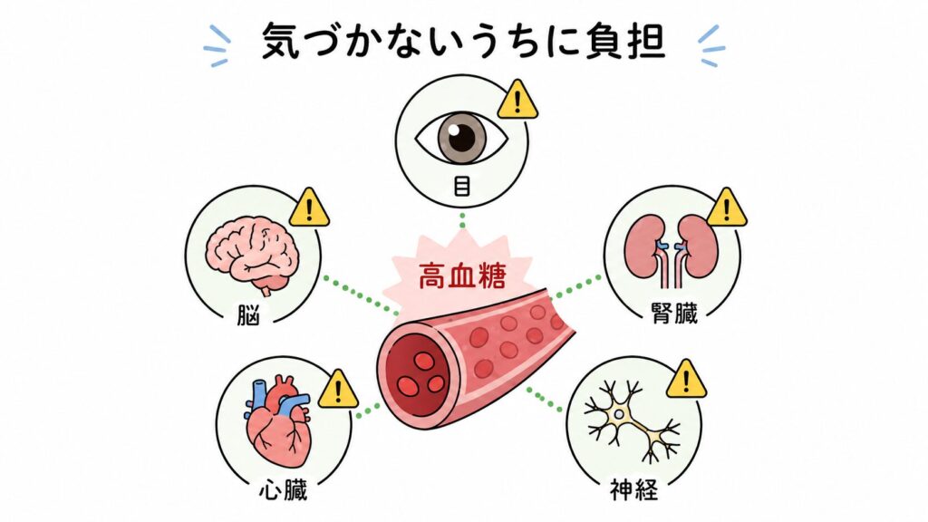 糖尿病で目、腎臓、神経、心臓、脳に影響が出る可能性を示すイラスト