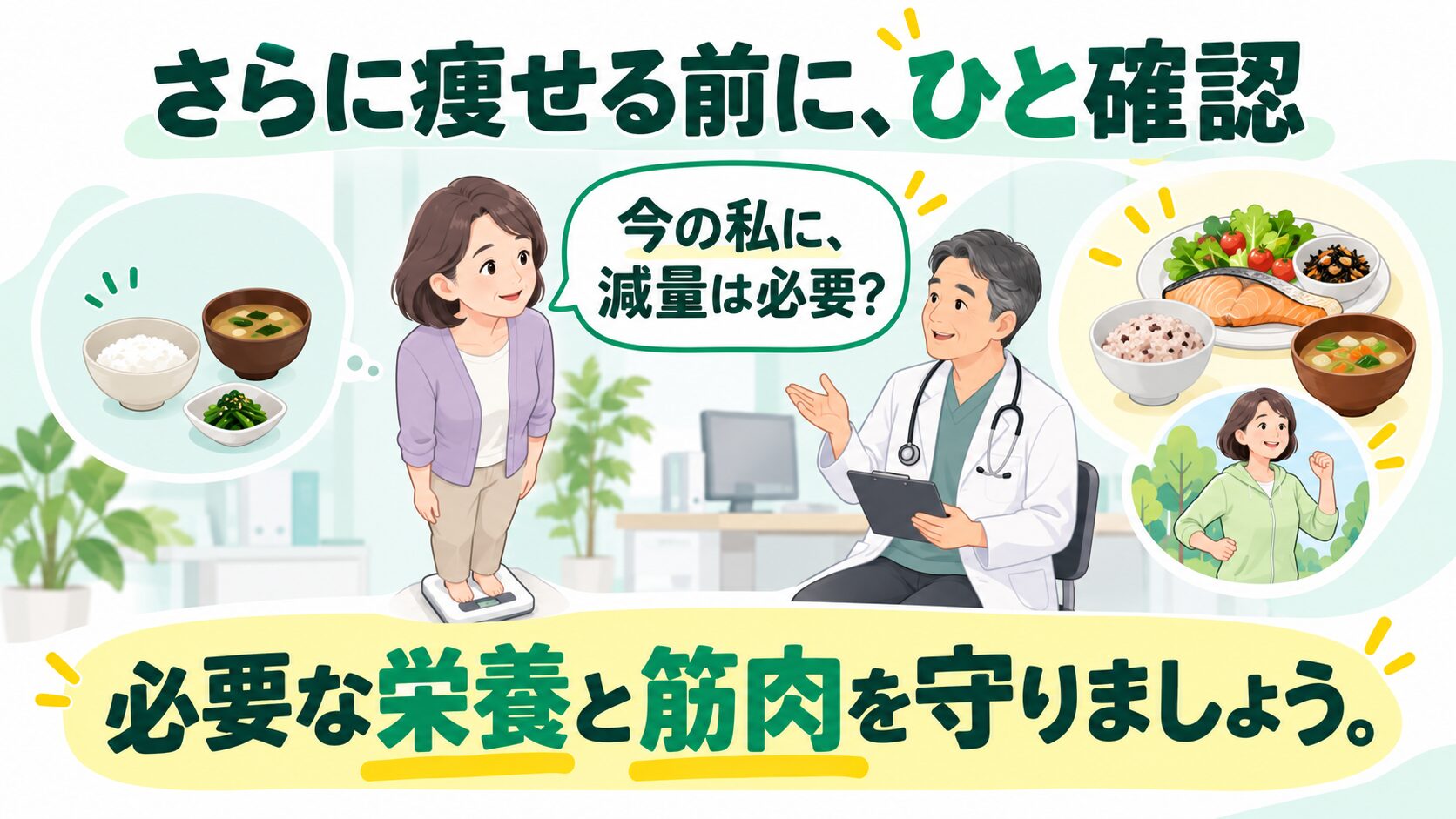 減量が必要か医師に相談し、必要な栄養と筋肉を守ることを伝えるイラスト