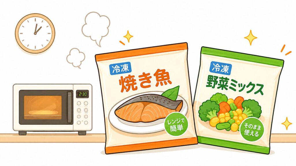 電子レンジで温めるだけで手軽に魚料理や野菜料理ができる様子