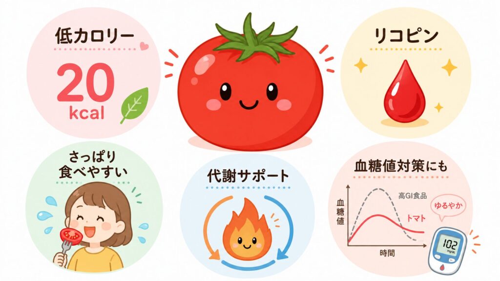 リコピンを含むトマトと代謝改善をイメージしたイラスト