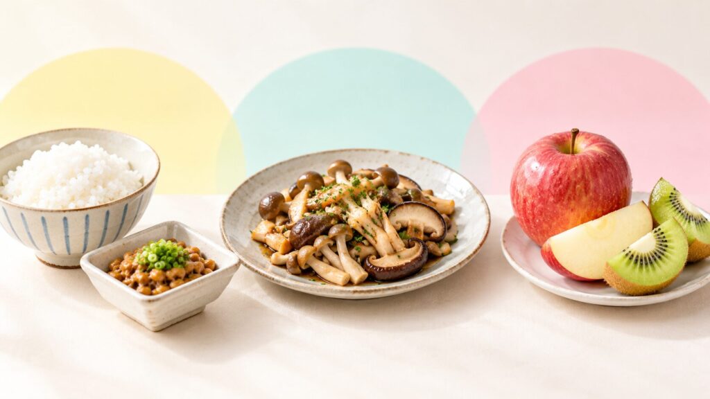 朝食・昼食・デザートで食物繊維をプラスする例を示した写真