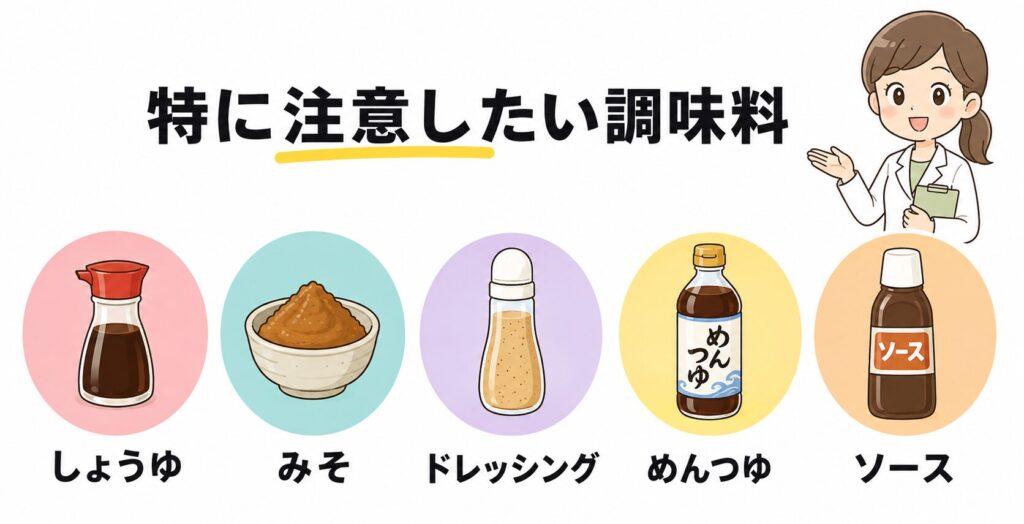しょうゆ・みそ・ドレッシングなど5つの調味料をバッジで紹介したイラスト
