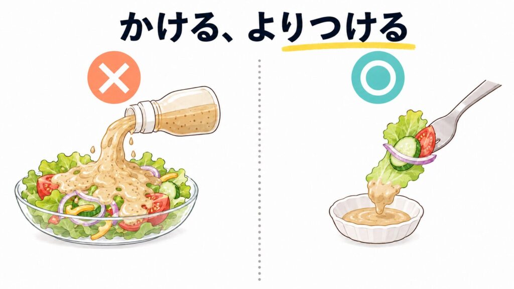 ドレッシングの「かける」と「つける」を比較したイラスト
