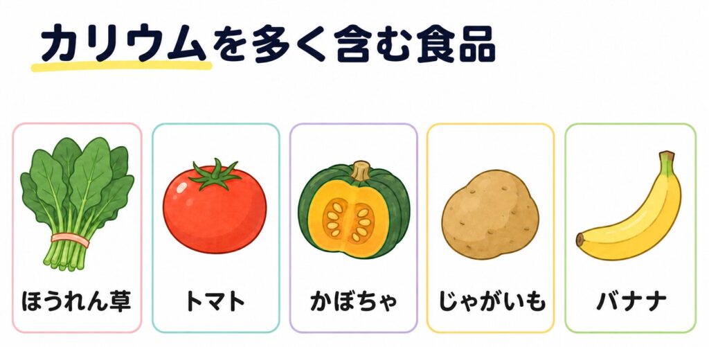 ほうれん草・トマト・バナナなどをカード形式で紹介したイラスト