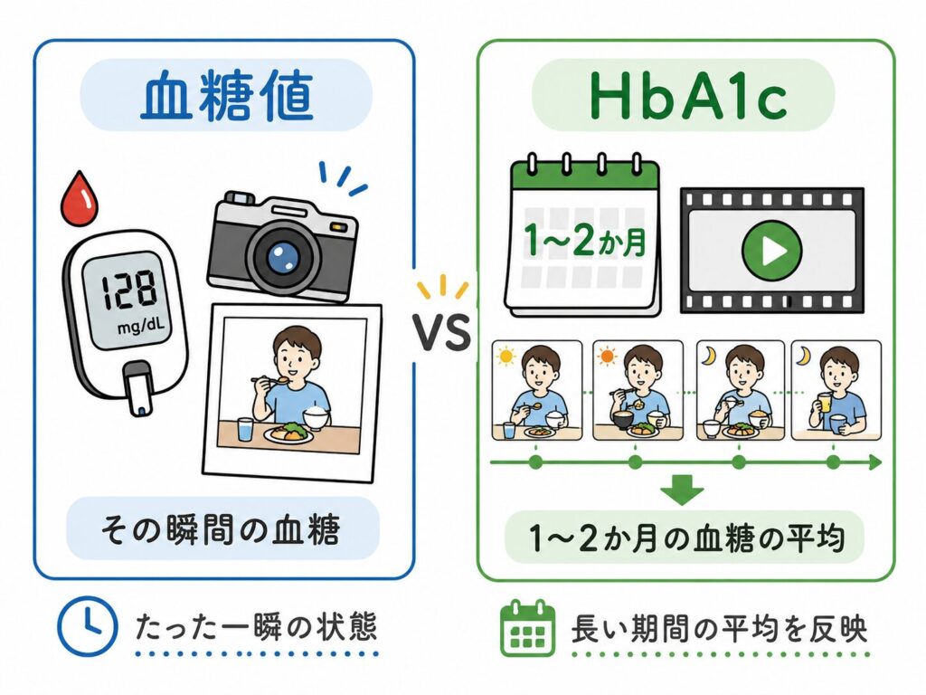 HbA1cが過去1から2か月の血糖状態を反映することを示すイラスト