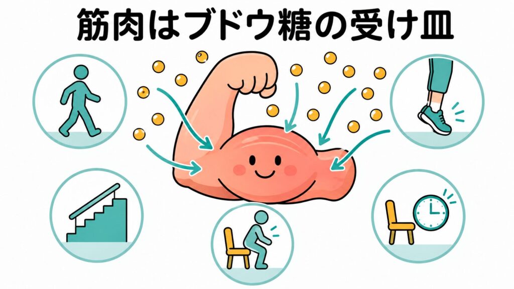 筋肉がブドウ糖を取り込む仕組みと簡単な運動例のイラスト