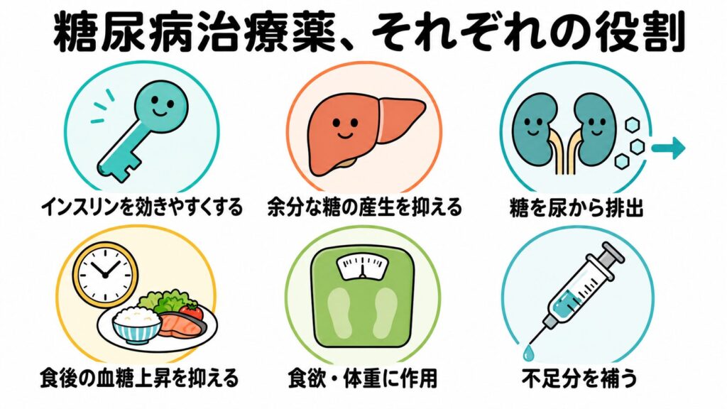 糖尿病治療薬それぞれの働きを示す6つのアイコン