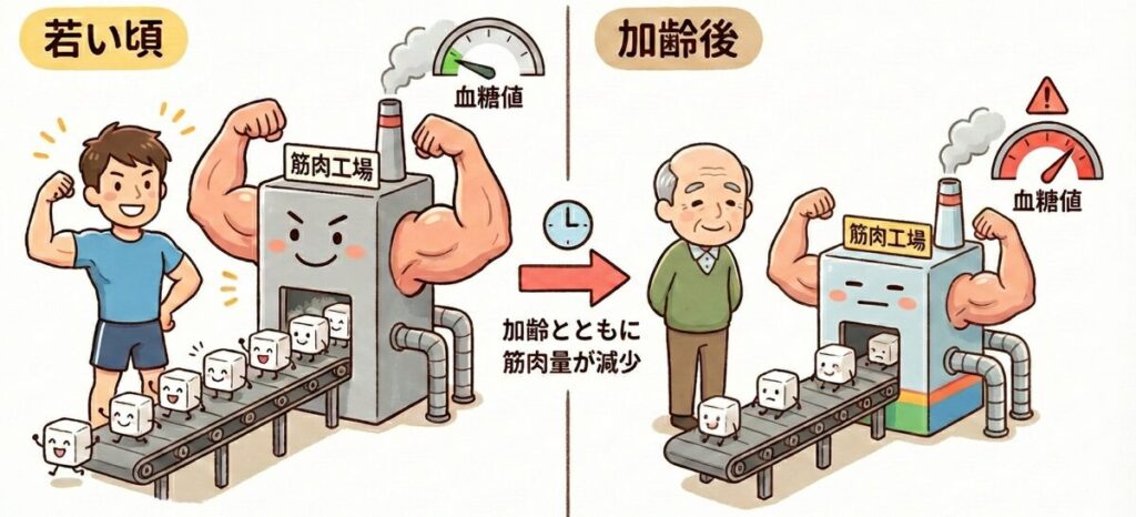 高齢になるにつれて筋力が減り糖の代謝が悪くなるイメージ