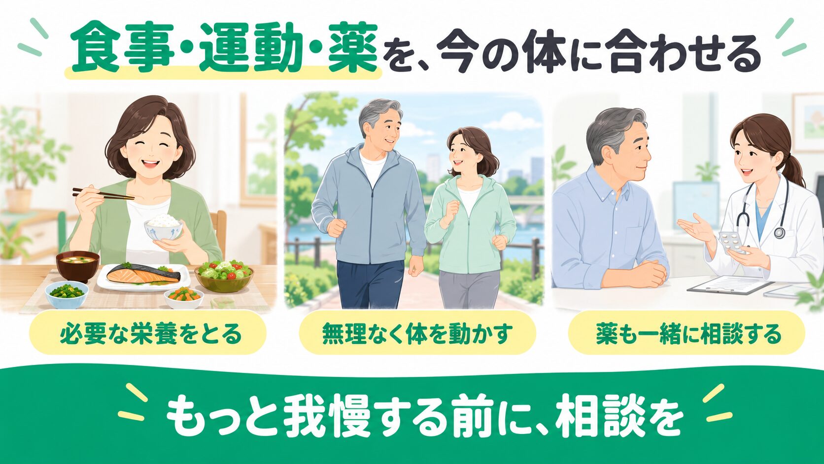 必要な栄養をとり、無理なく体を動かし、薬も医師と相談する3つの場面