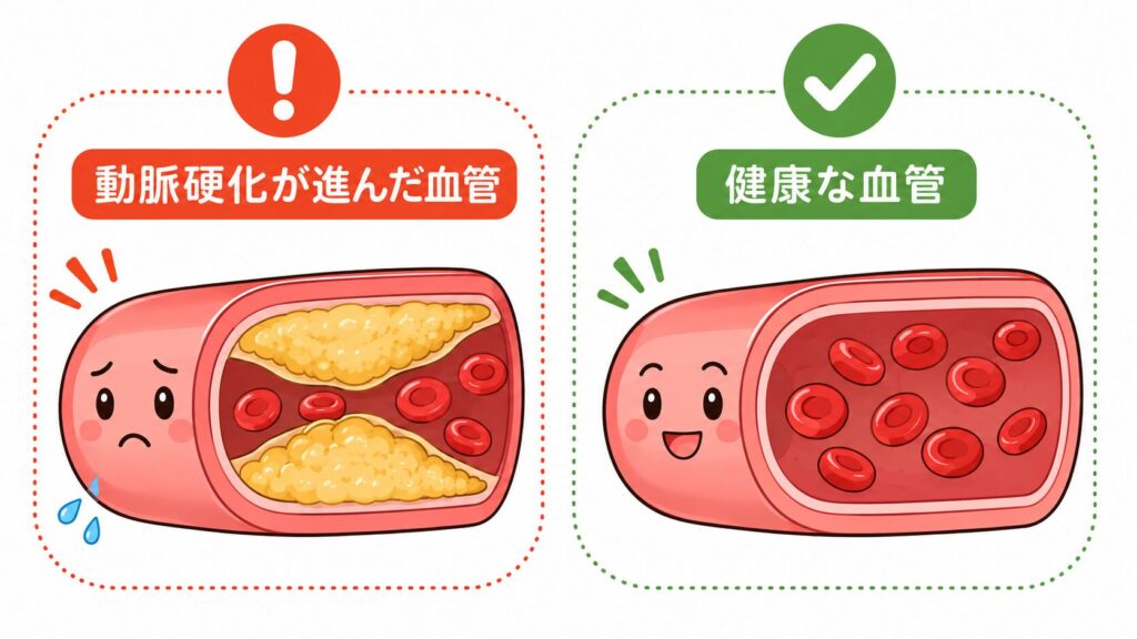 動脈硬化が進み、血管が硬く狭くなって、心筋梗塞や脳卒中などの重大な病気につながる可能性が高くなっている比較