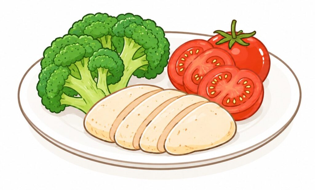 野菜とたんぱく質を組み合わせた健康的なダイエット食のイラスト