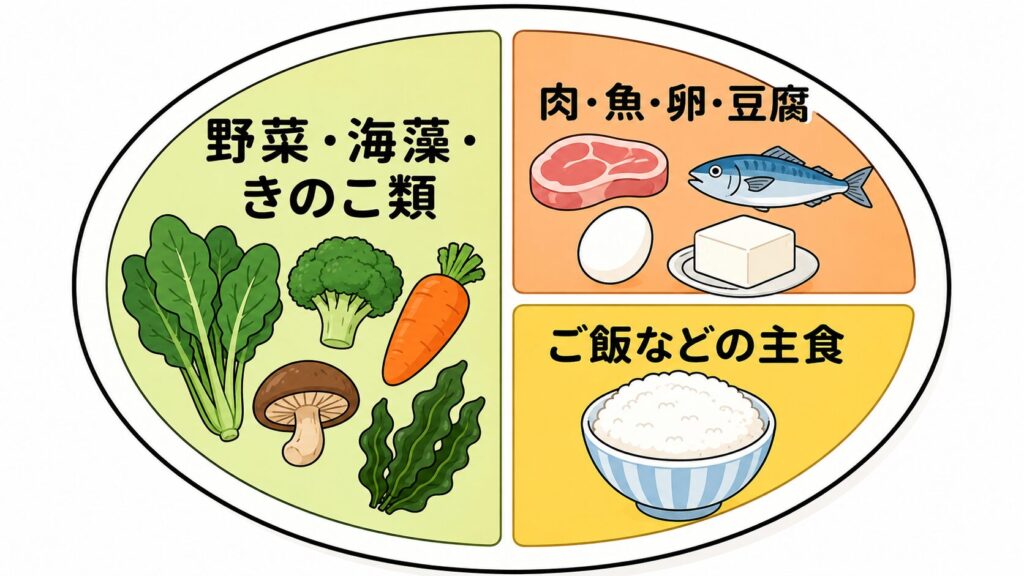 野菜・たんぱく質・主食の理想的なお皿の割合を示す図