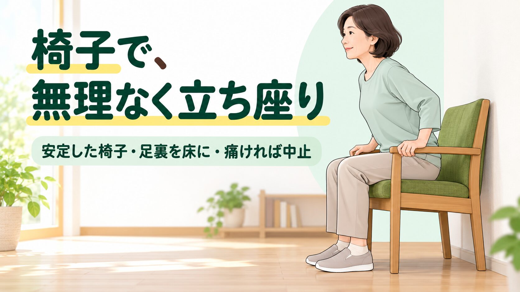 壁につけた安定した椅子に座り、足裏を床につけて立ち上がる準備をする女性