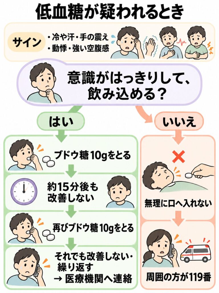 低血糖のサインと状況別の対応手順